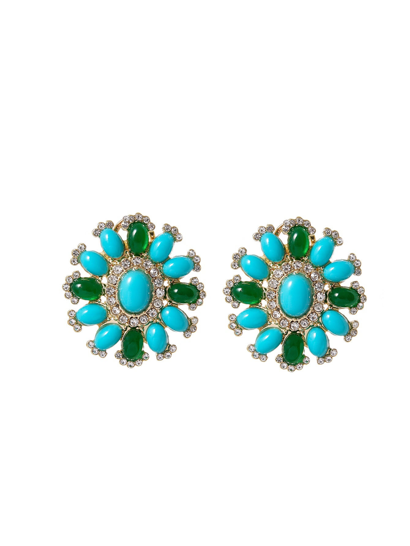 Pair of earrings with turquoise and green gemstones on a white background