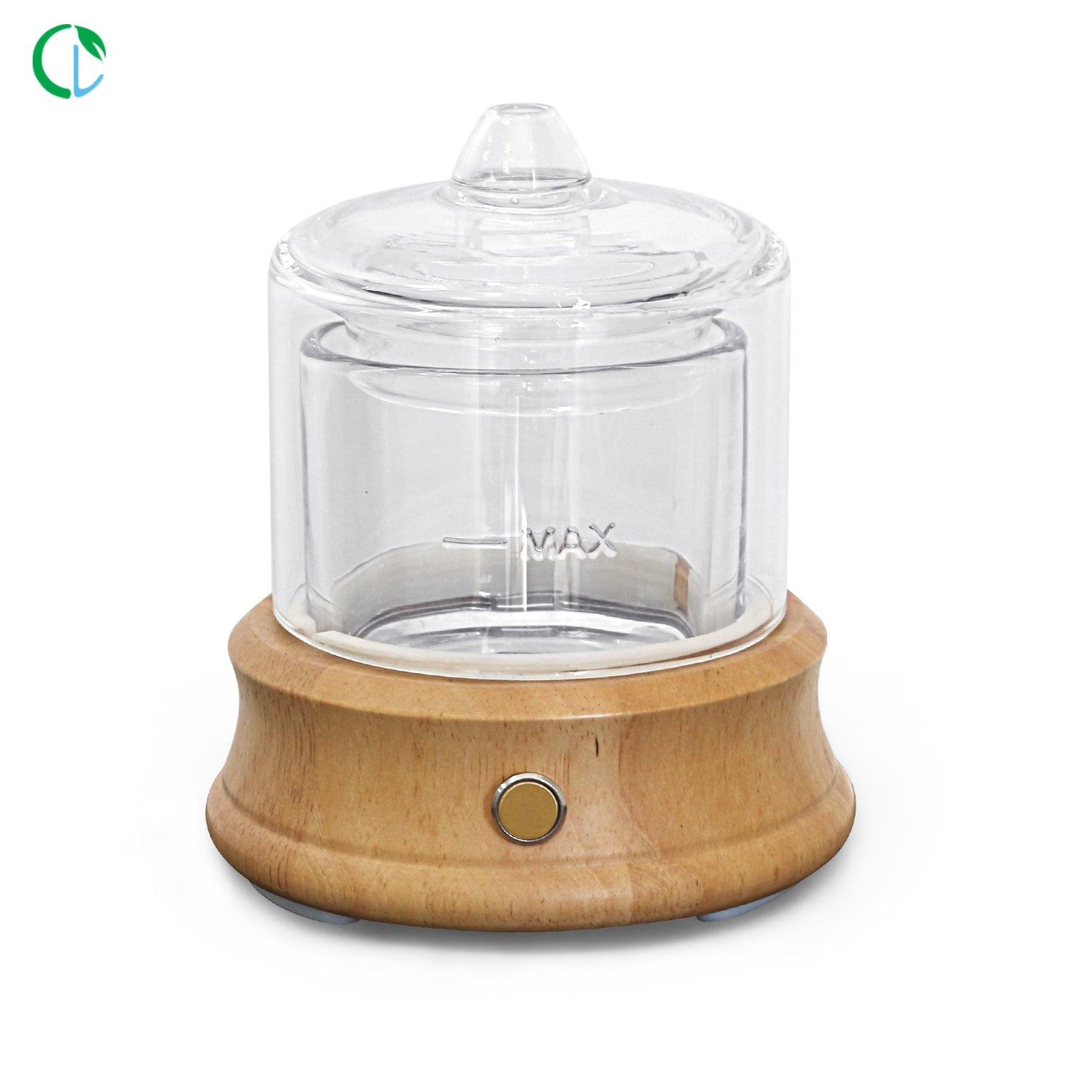 Glass container with wooden base on a white background