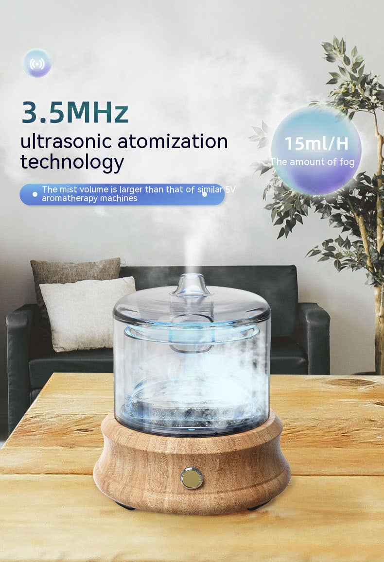 Ultrasonic atomization device on a table with text about technology and output rate.