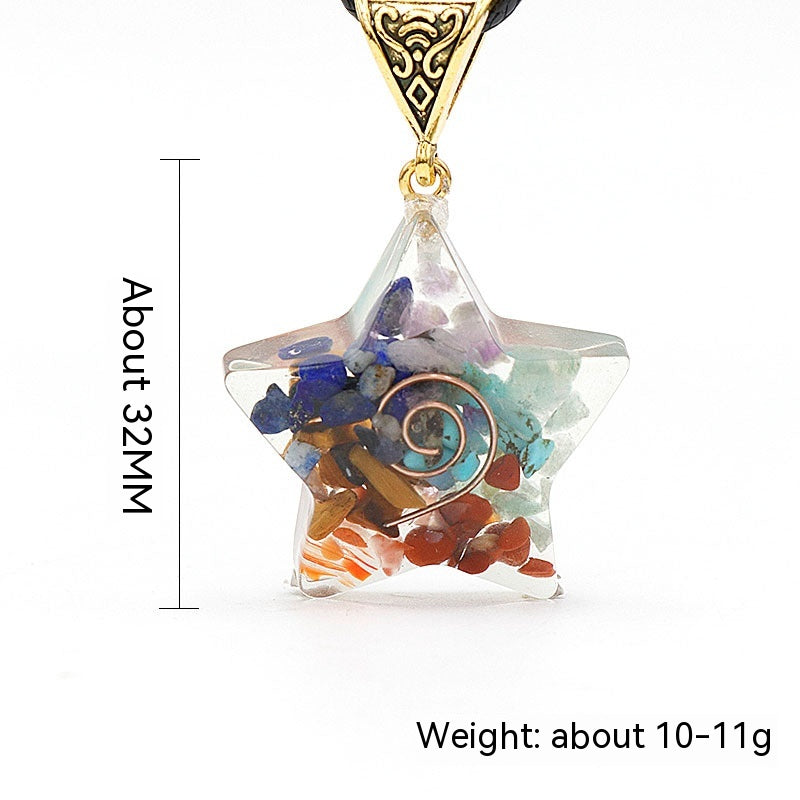 Star-shaped pendant with colorful stones and gold spiral, showing measurements and weight on a white background.