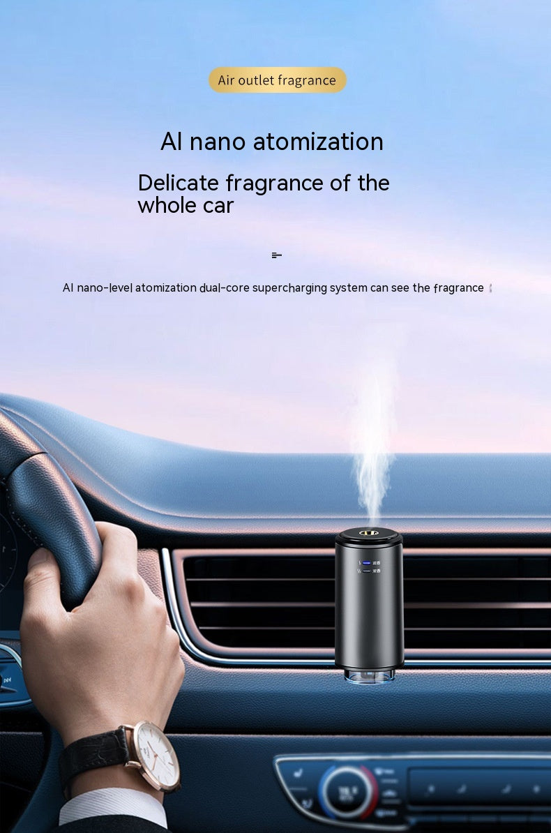 Car air freshener with AI nano atomization technology emitting fragrance inside a vehicle.