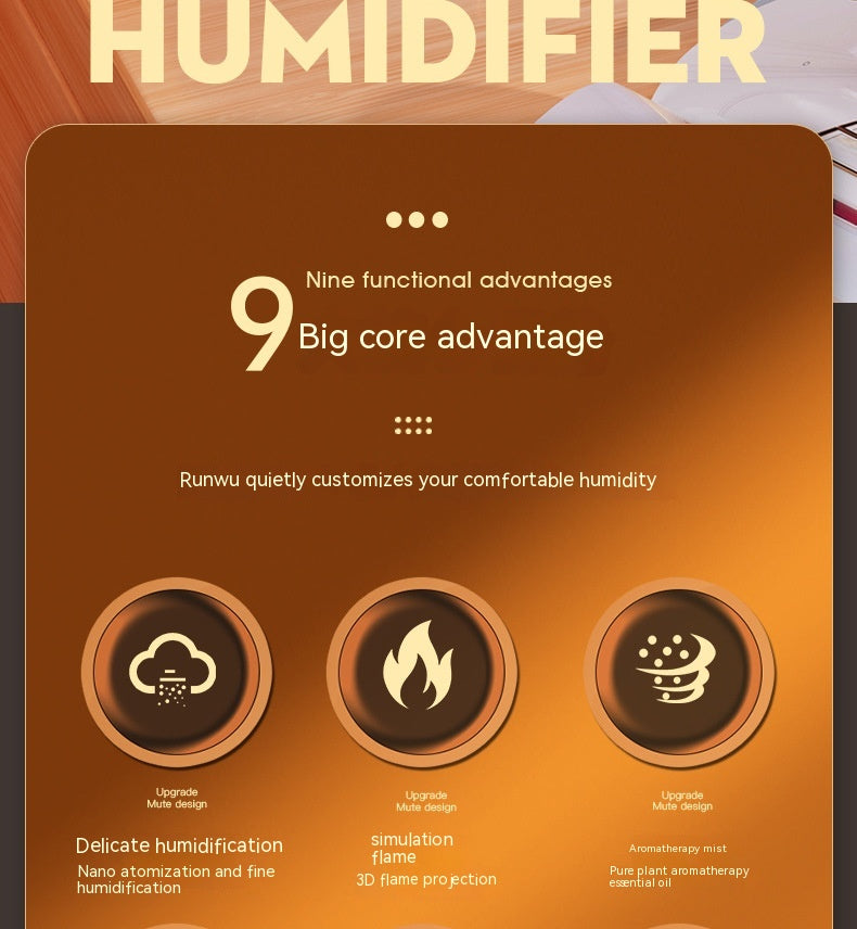 Promotional graphic for a humidifier with text and icons on an orange background