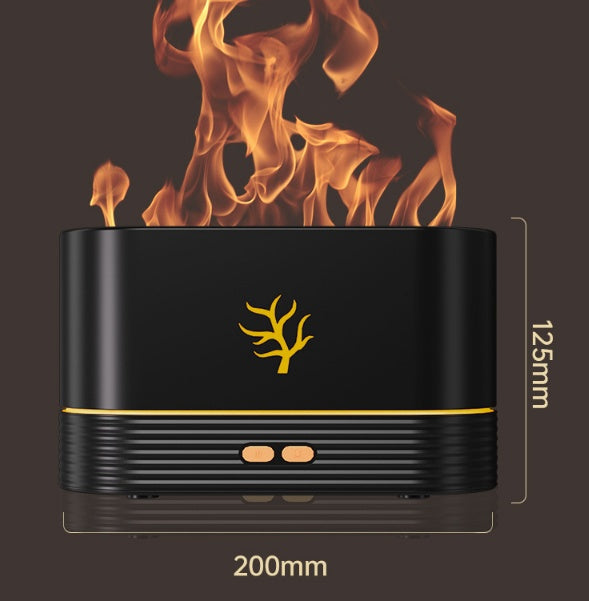 Black electronic device with flame effect and measurements on a dark background