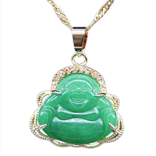 Green Buddha pendant on a gold chain against a white background