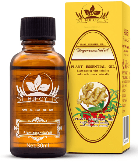 Bottle and packaging of HJFCY ginger essential oil on a white background