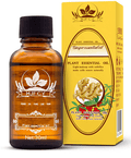 Bottle and packaging of HJFCY ginger essential oil on a white background