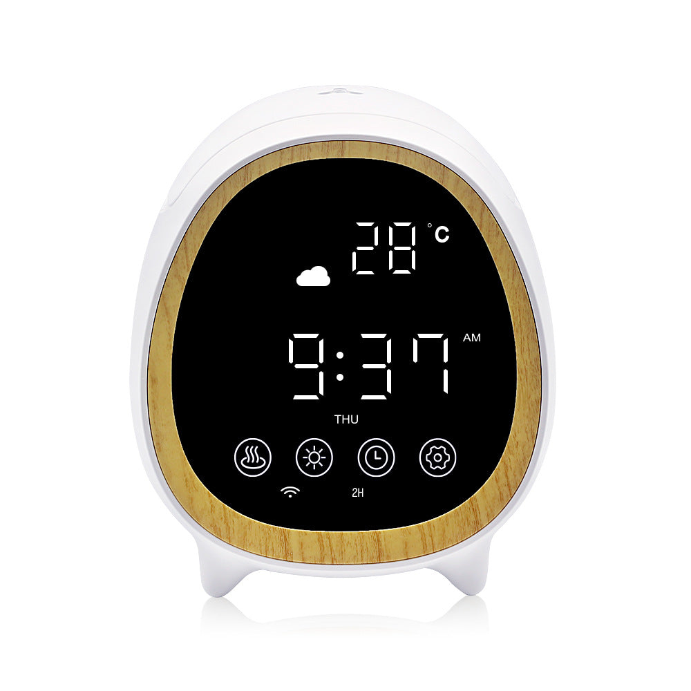 Digital clock with wooden accents displaying time and temperature on a white background