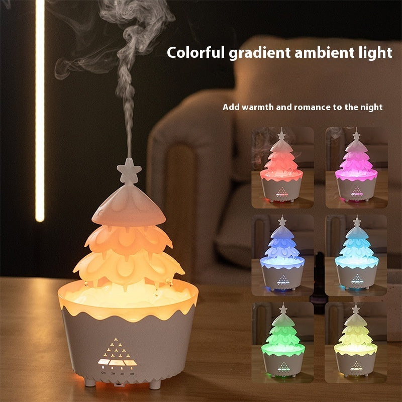 Colorful gradient night light with tree design on a wooden surface, surrounded by images of the light in different colors.