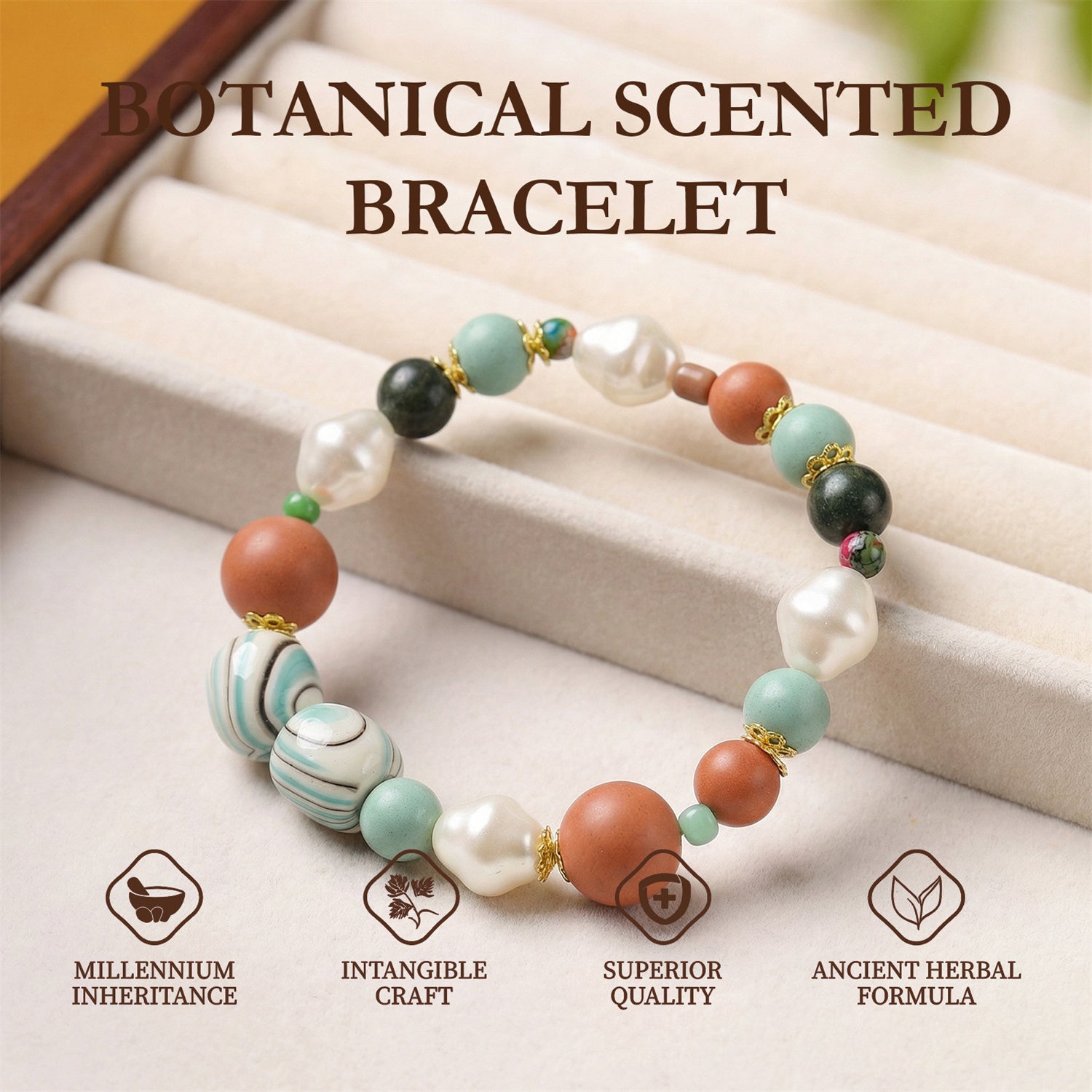 Botanical scented bracelet with various beads on a soft surface, featuring text about its qualities.