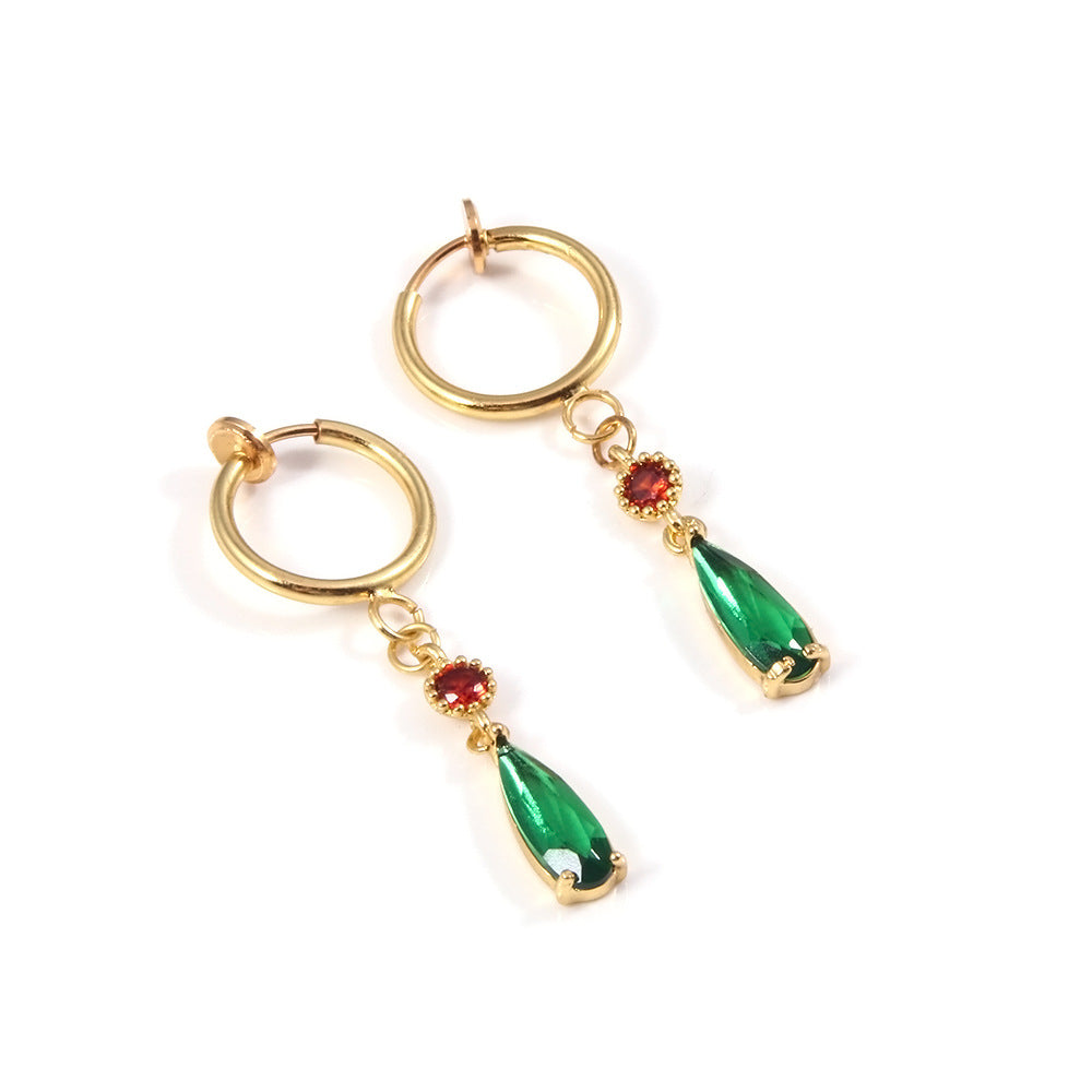 Gold hoop earrings with green teardrop and red gemstone charms on a white background