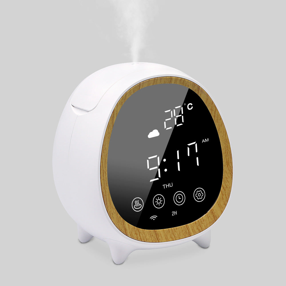 White and wooden digital clock with temperature and time display on a light gray background