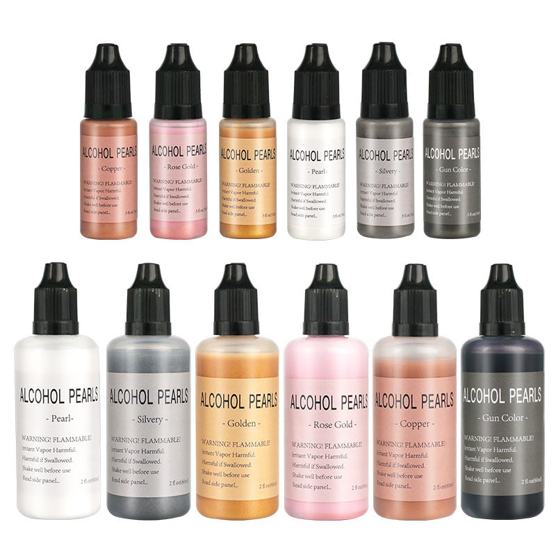 Set of 15 bottles labeled 'Alcohol Pearls' in various colors on a white background.