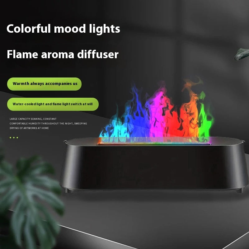 Colorful flame aroma diffuser with text on a dark background
