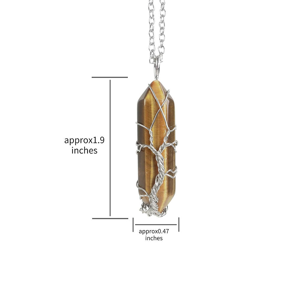 Tiger's eye crystal pendant with silver chain and measurements on a white background