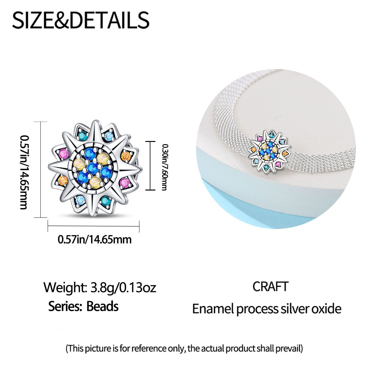 Jewelry bead with colorful gemstones and measurements on a white background