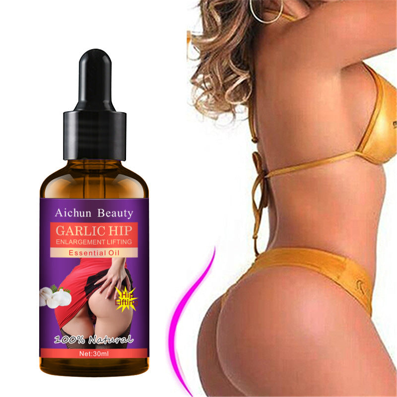 Bottle of Aichun Beauty Garlic Hip Enhancement Essential Oil with a woman in a yellow bikini.