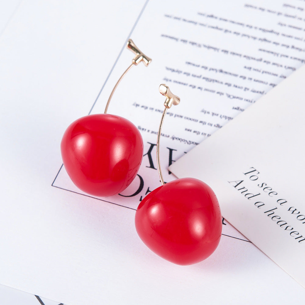 Red cherry-shaped earrings on a white background with text