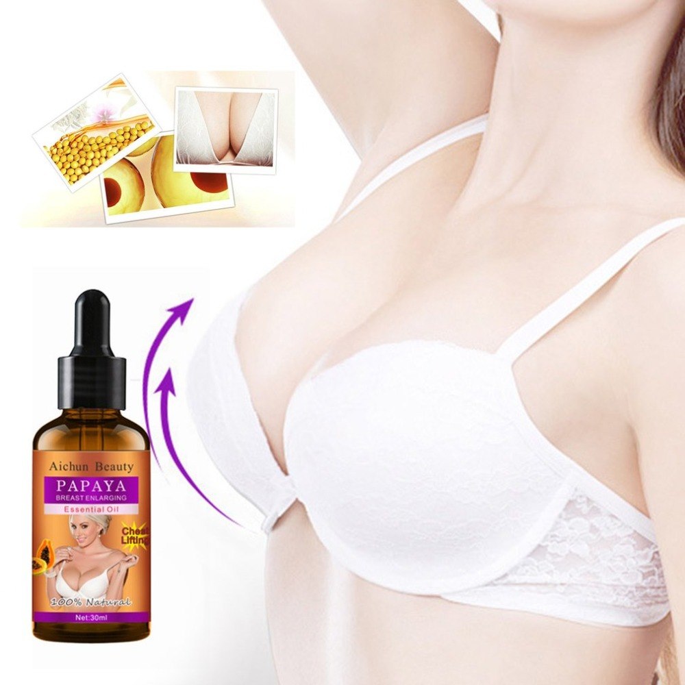 Bottle of Aichun Beauty Papaya Essential Oil with a woman in a white bra and a close-up of papaya slices.