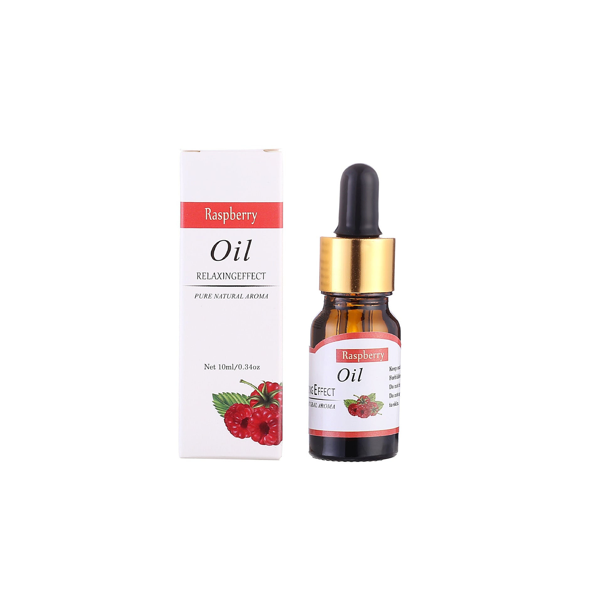 Raspberry oil bottle with dropper and packaging on a white background