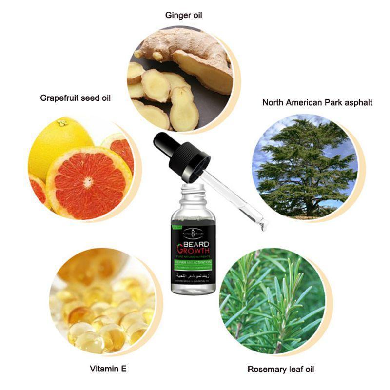 Beard growth oil with ingredients including ginger, grapefruit seed, North American park asphalt, vitamin E, and rosemary leaf on a white background.