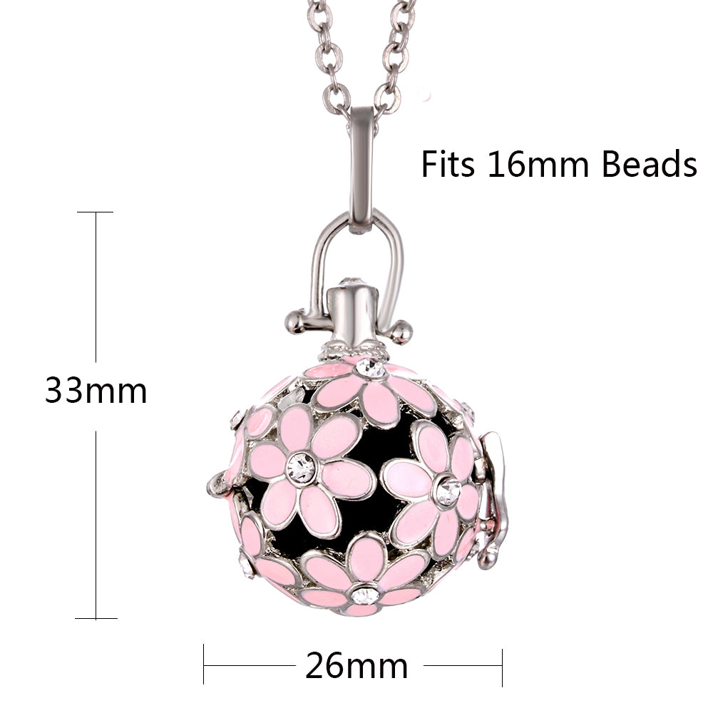 Necklace with pink floral pendant and measurements on a white background