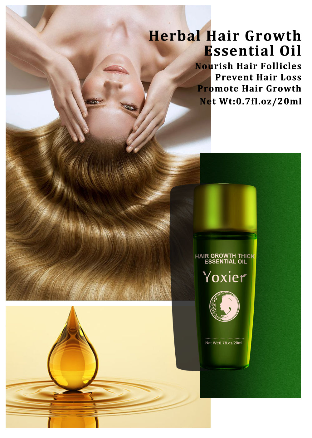 Yoxier herbal hair growth essential oil with a woman massaging her head, oil droplet, and product packaging.
