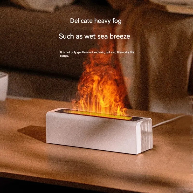 Modern fireplace insert on a wooden table with text describing the effect of 'Delicate heavy fog'.