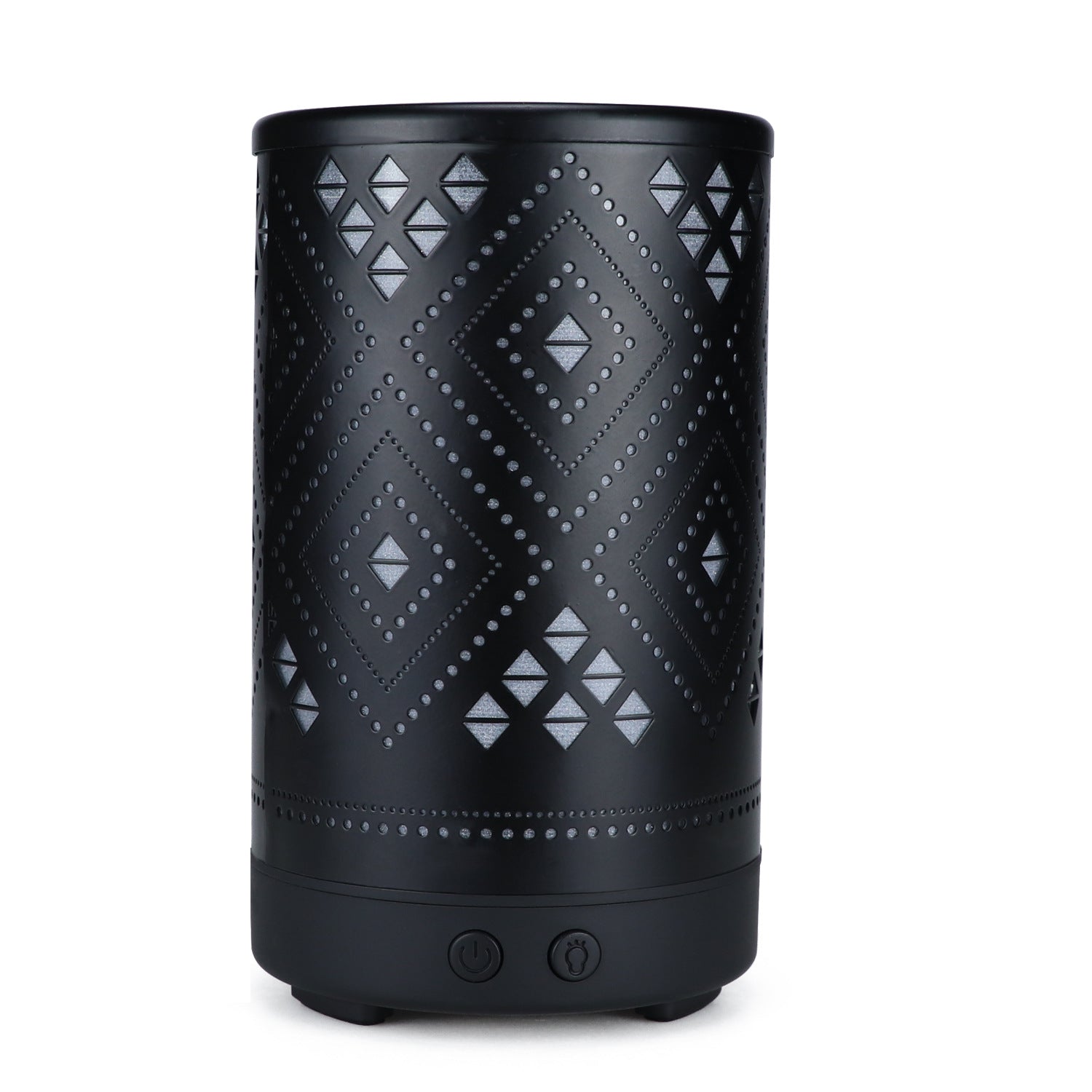 Black cylindrical lantern with geometric pattern on a white background