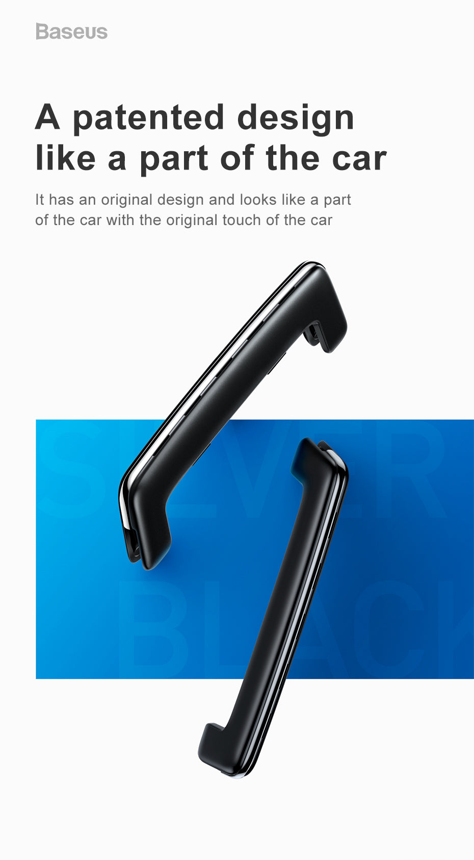 Black car accessory with promotional text on a white background
