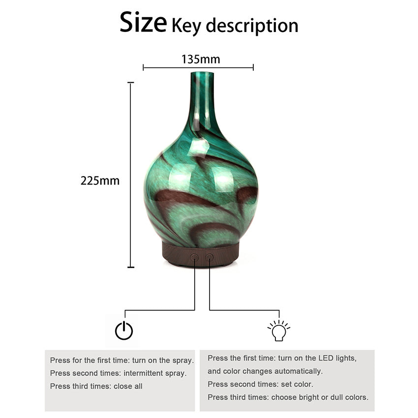 Green and brown marbled vase with dimensions and control instructions on a white background
