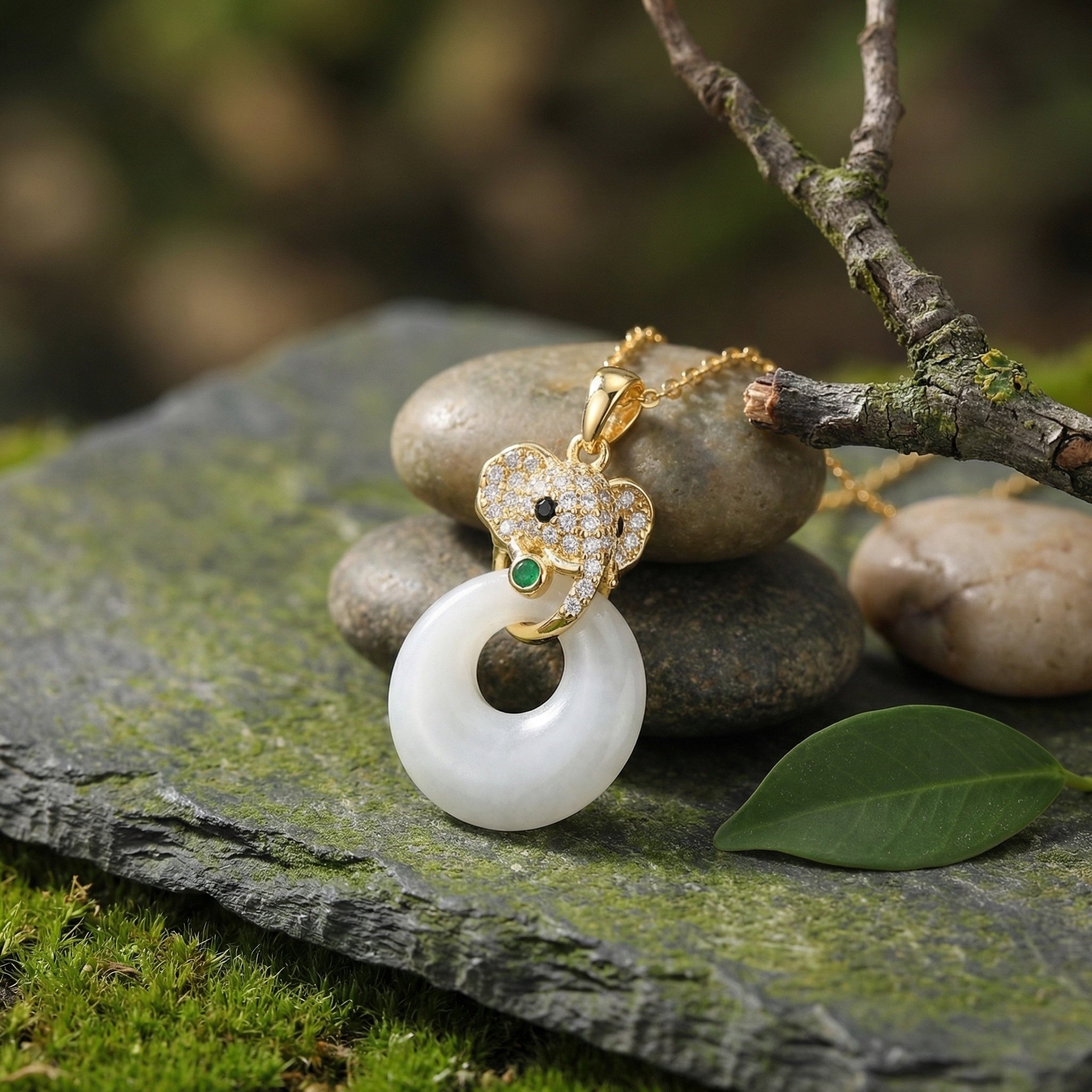 Gold and white pendant necklace on stones with a natural background