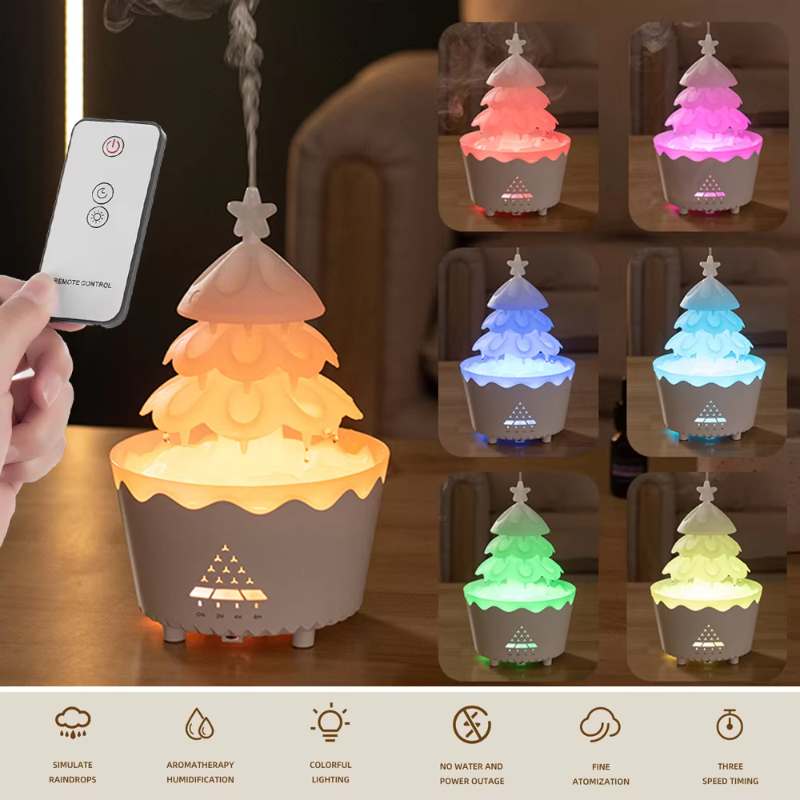 Tree-shaped night light with remote control and color-changing capabilities on a wooden surface.
