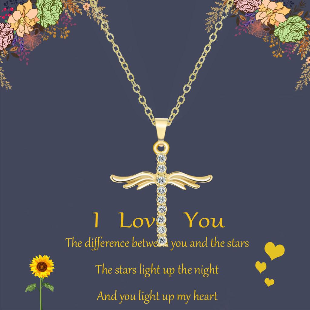 Gold cross necklace with 'I Love You' message on a dark blue background with floral decorations.