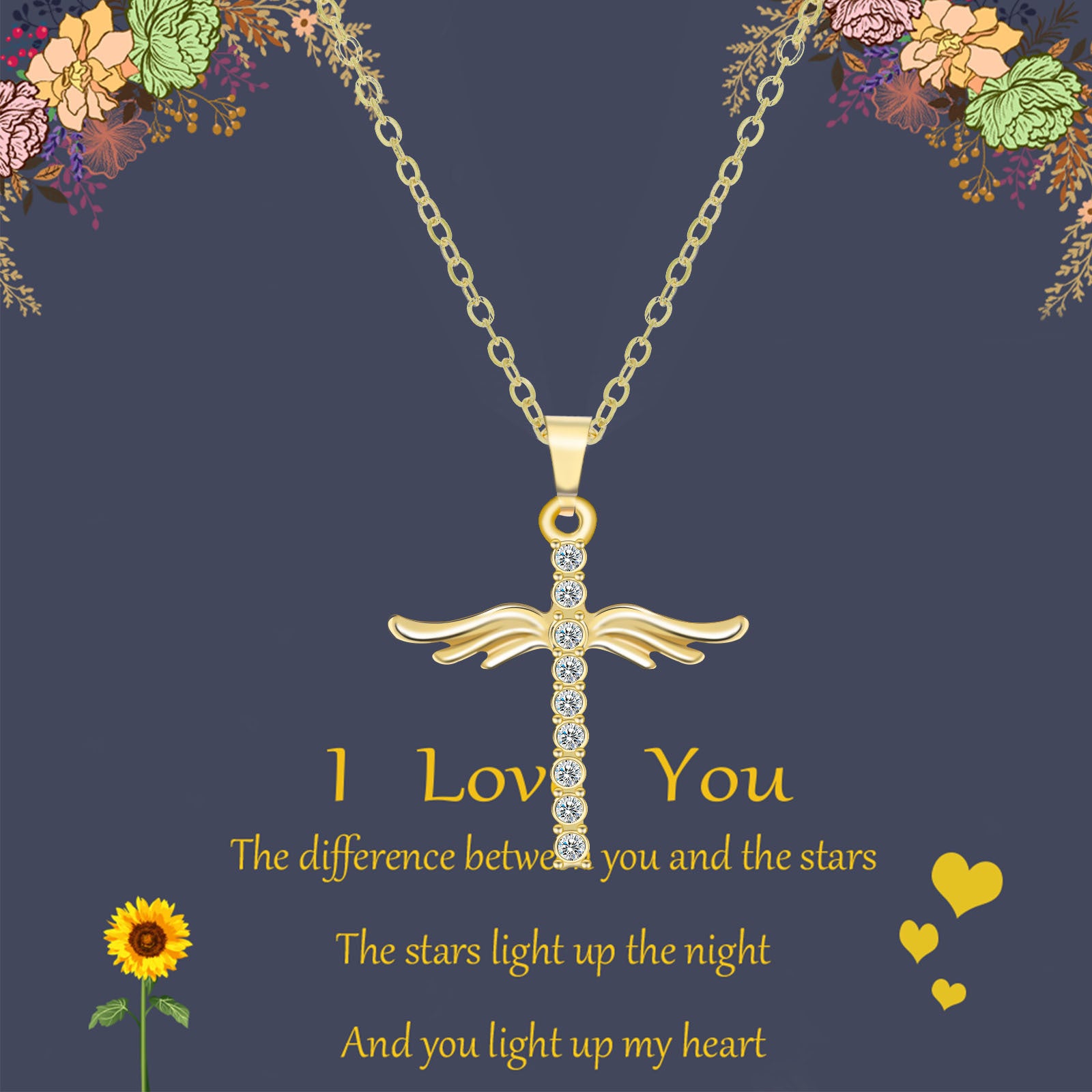 Gold cross necklace with 'I Love You' message on a dark blue background with floral decorations.