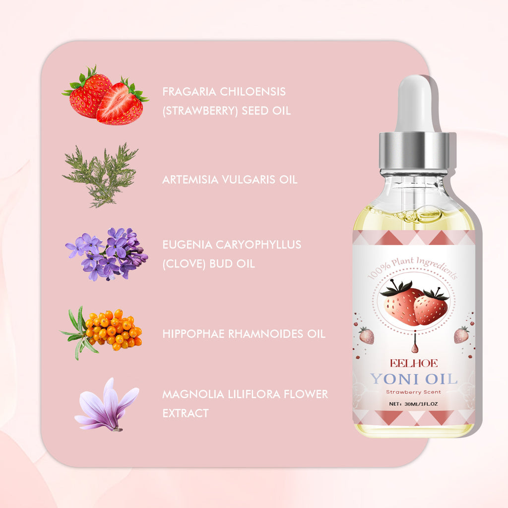 Bottle of Yoni oil with plant ingredients on a pink background