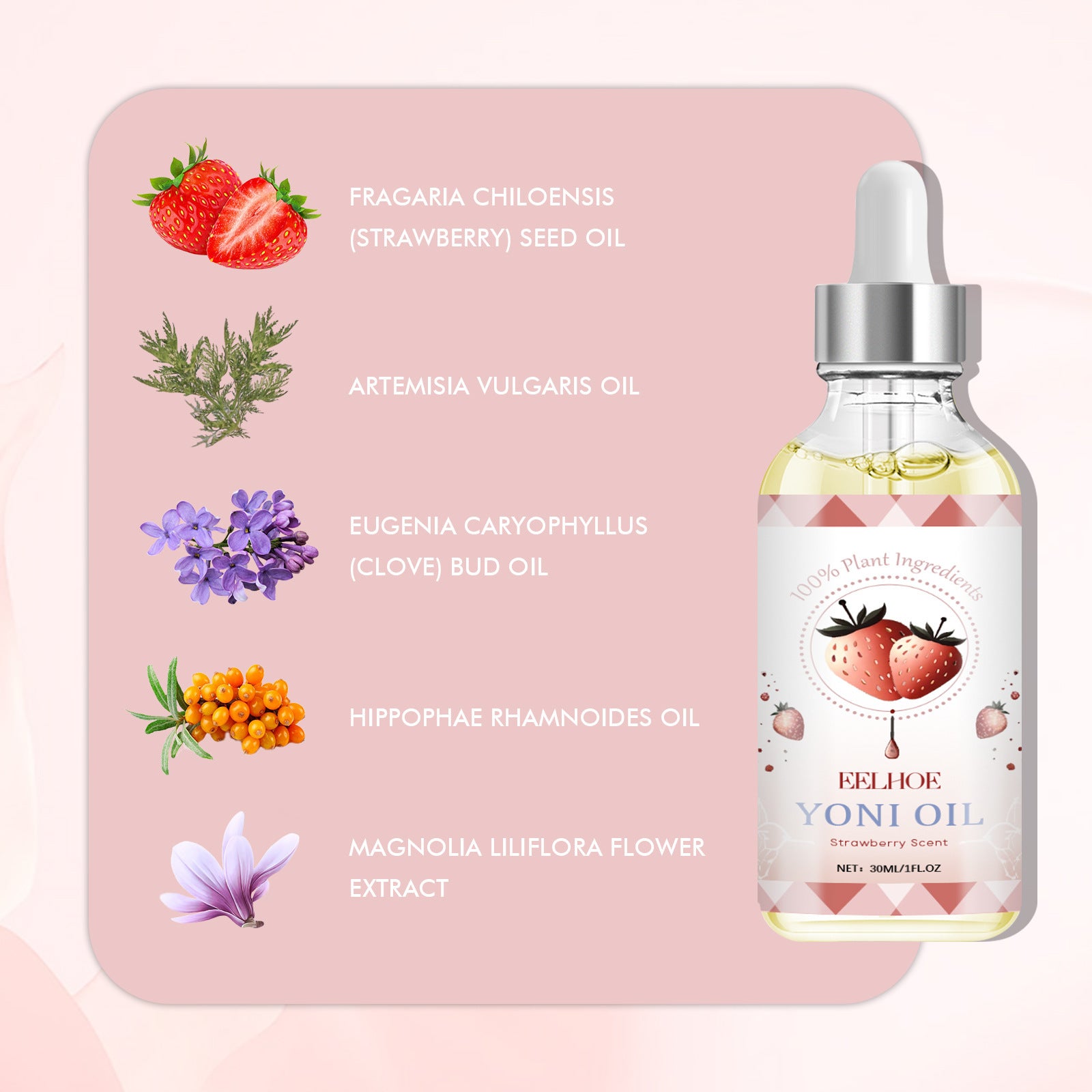 Bottle of Yoni oil with plant ingredients on a pink background
