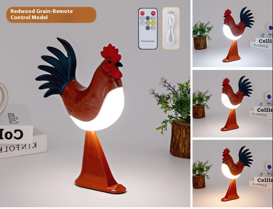 Rooster-shaped lamp with remote control on a neutral background