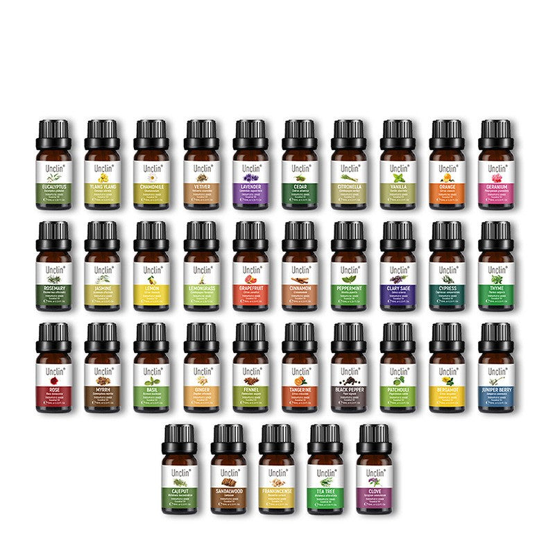 Collection of 30 essential oil bottles from Ulei in various sizes and colors on a white background.