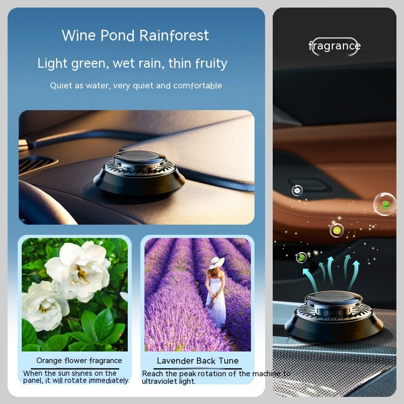 Car air freshener with fragrance features and images of flowers and lavender.
