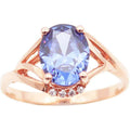 Rose gold ring with a blue gemstone on a white background