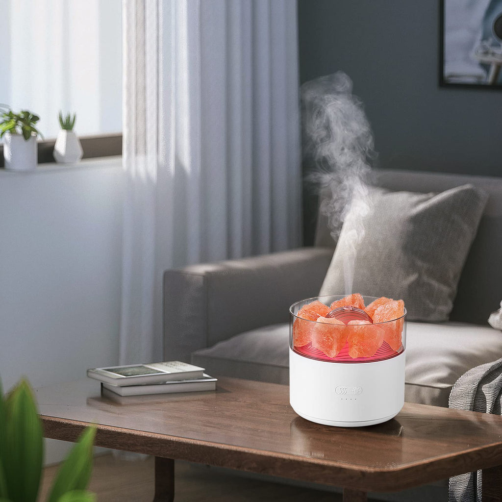 Himalayan salt lamp emitting steam in a living room setting