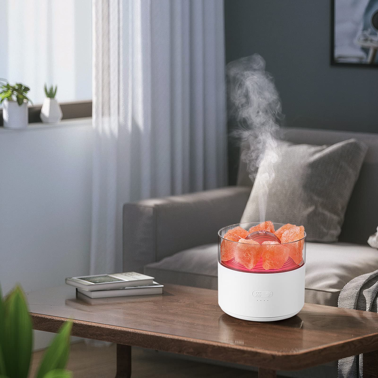 Himalayan salt lamp emitting steam in a living room setting