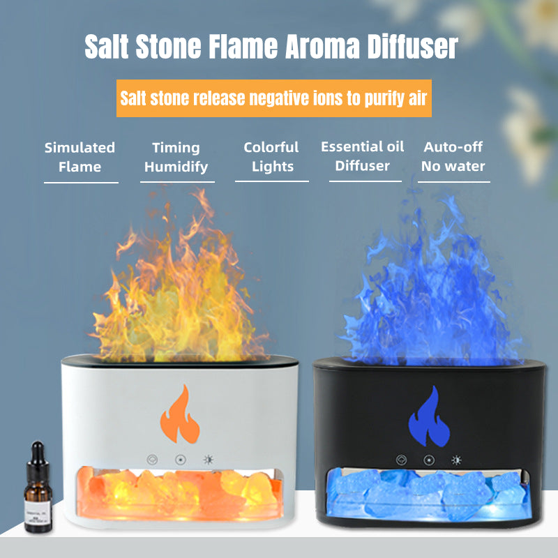 Salt Stone Flame Aroma Diffuser with simulated flame and colorful lights on a blue background.