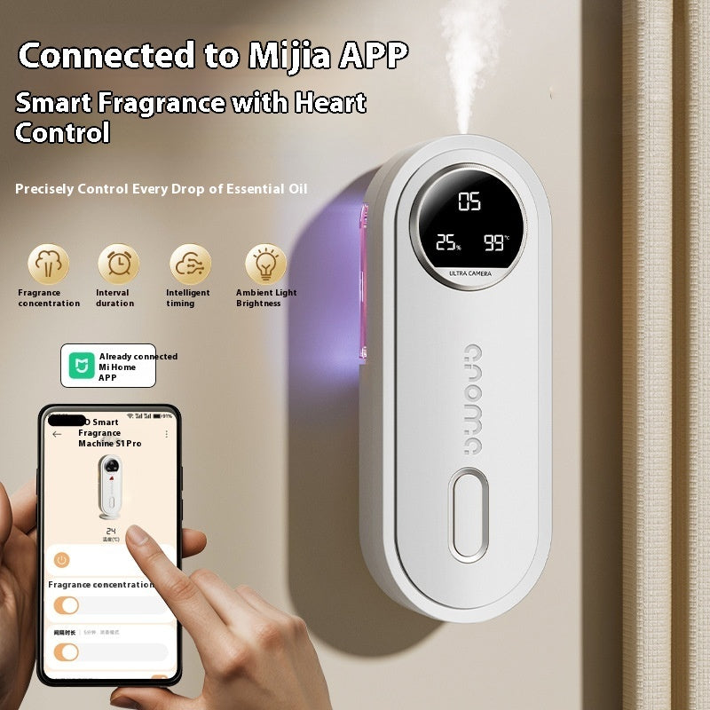 Smart fragrance device connected to Mijia APP with digital display and smartphone app interface.