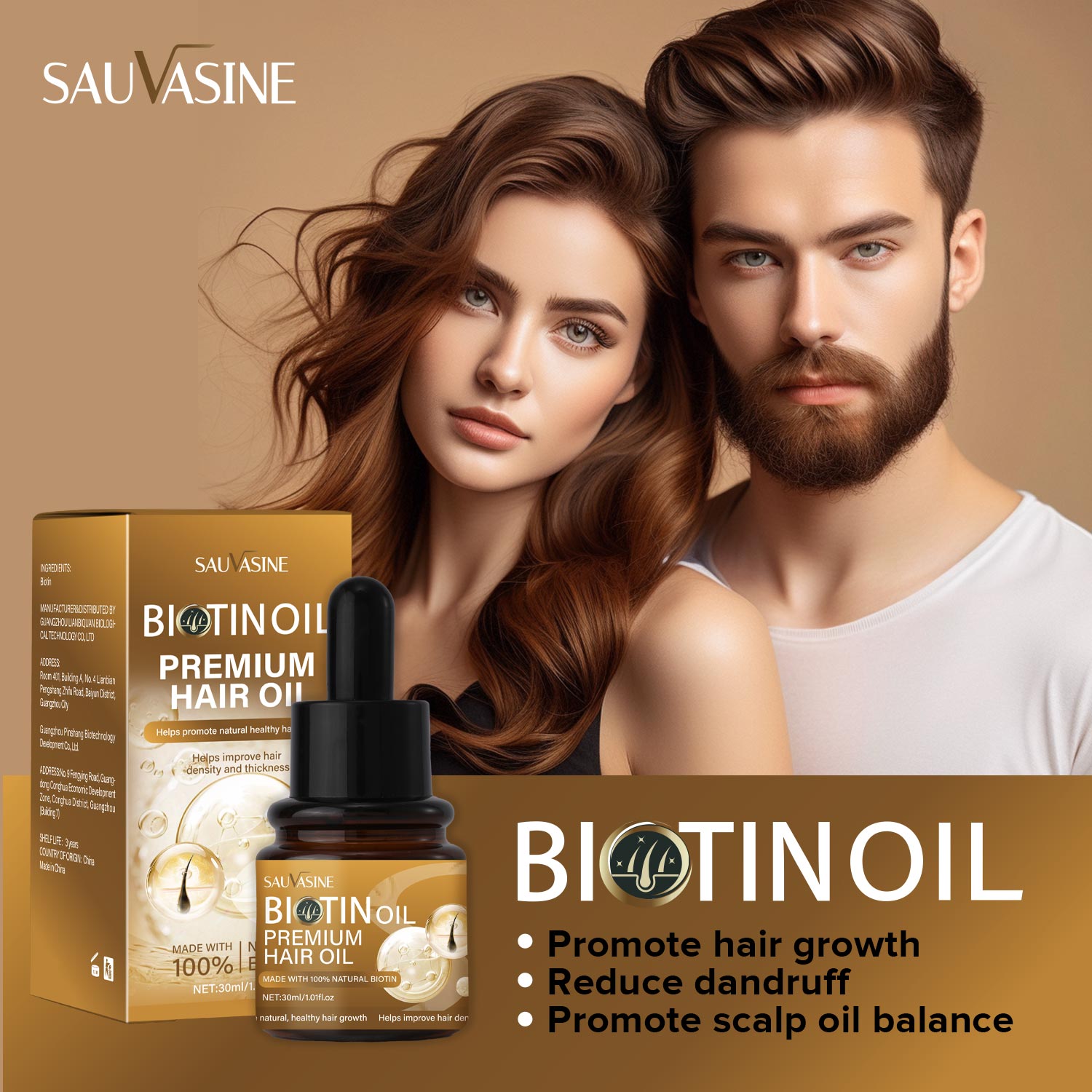 Sauvasine Biotin Oil packaging with a man and woman on a brown background