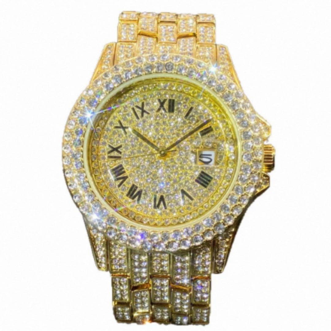Gold watch with diamond-studded face and band on a white background