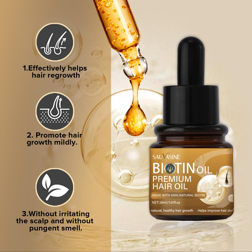 Bottle of Sauvaine Biotin Oil with dropper and text highlighting benefits on a beige background
