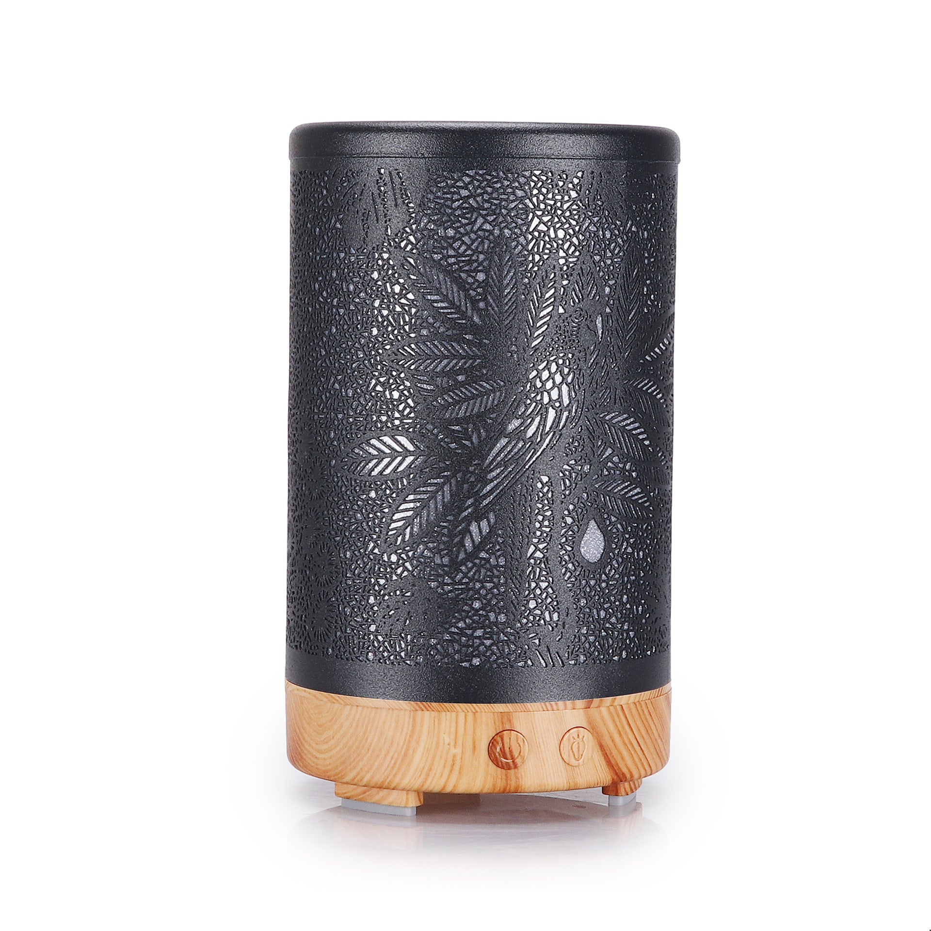 Black and wooden diffuser with nature-themed design on a white background