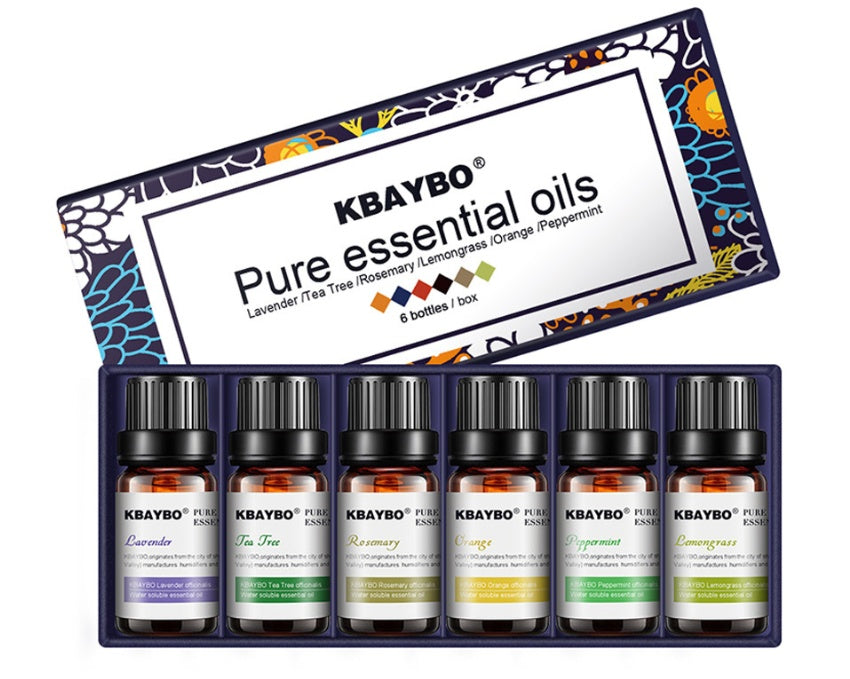 Set of KBAYBO pure essential oils with a decorative box on a white background