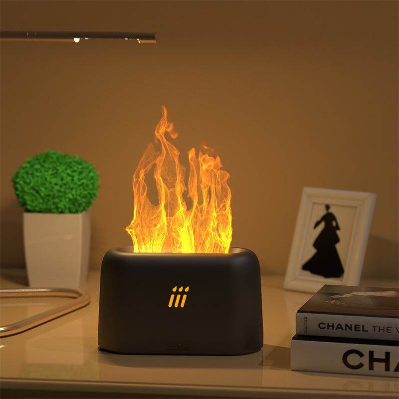 Flickering flame-like light on a surface with books and a plant in the background